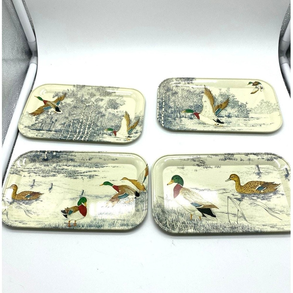 Massilly France Vintage Set of 4 Tin Duck snack‎ Trays 7x4 Mid Century